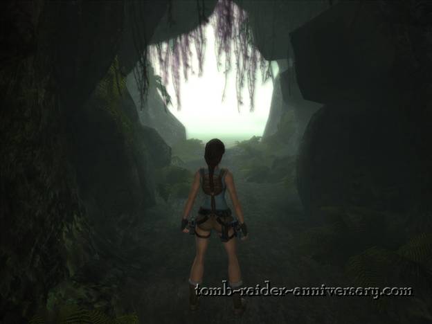 Tomb Raider Anniversary - Peru: The Lost Valley - The halo of the tunnel exit and the dinosaurs waiting for you