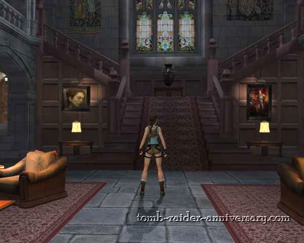 Tomb Raider Anniversary - Croft Mansion - go up the stairs to your left