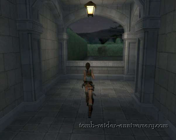 Tomb Raider Anniversary - Croft Mansion - run on the hallway until you reach the gardens