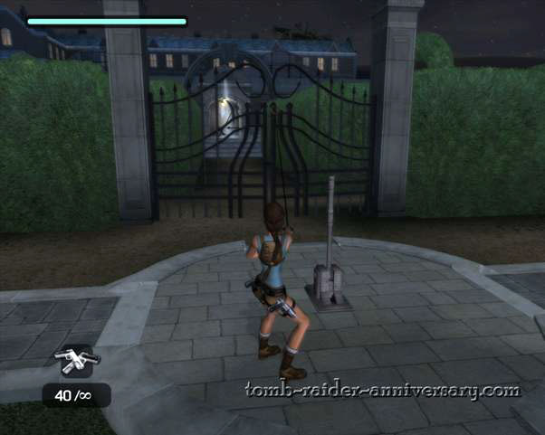 Tomb Raider Anniversary - Croft Mansion - Use the grappling hook on the gates